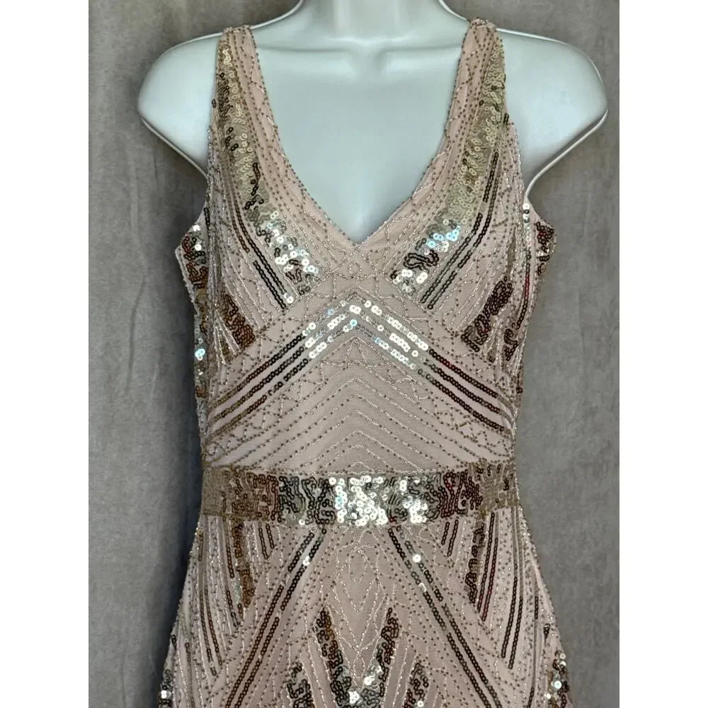 Unique Vintage Blush Pink Sequin Fringe V Neck Flapper Dress M NWOT - Picture 3 of 8